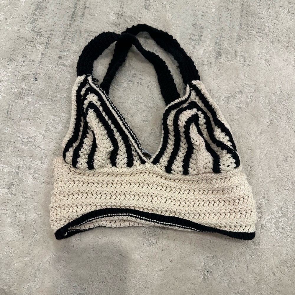 ZARA Black and Cream Crochet Halter Top